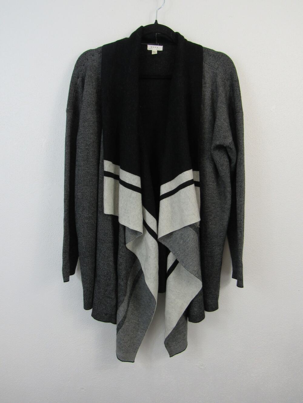 Soft Joie Medium Open Front Color Block Cardigan Sweater Poncho Grey Black Wool